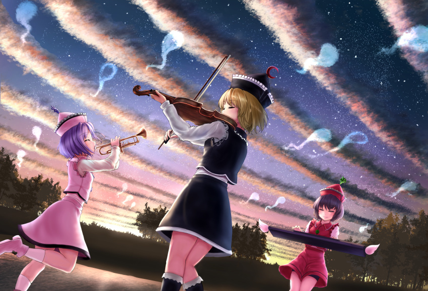 3girls ankle_boots arms_up black_headwear black_legwear black_skirt black_vest blonde_hair boots bow_(instrument) brown_hair closed_eyes clouds commentary_request dawn dutch_angle from_behind from_side hat highres hitodama instrument keyboard_(instrument) kneehighs lake leaning_back long_sleeves luke_(kyeftss) lunasa_prismriver lyrica_prismriver merlin_prismriver multiple_girls music outdoors pink_footwear pink_headwear pink_skirt pink_vest playing_instrument purple_hair red_headwear red_skirt red_vest shirt siblings sisters skirt sky smile standing standing_on_one_leg star_(sky) starry_sky sunrise touhou touhou_cannonball tree trumpet twilight vest violin white_legwear white_shirt