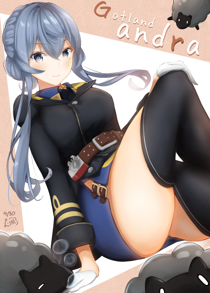 1girl absurdres belt blue_eyes blue_hair blue_skirt character_name collared_shirt commentary_request crossed_legs dated gloves gotland_(kantai_collection) hair_bun half_gloves highres kantai_collection long_hair looking_at_viewer military military_uniform mole mole_under_eye necktie remodel_(kantai_collection) shanghmely sheep shirt sitting skirt solo thigh-highs uniform white_gloves