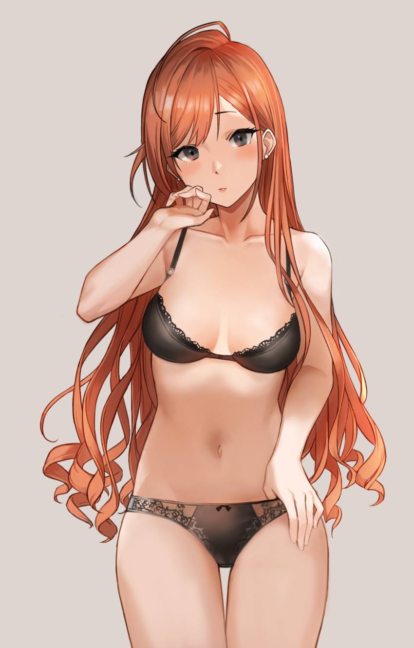 1girl antenna_hair arisugawa_natsuha bangs black_bra black_eyes black_panties blush bra breasts collarbone earrings hand_on_own_face highres idolmaster idolmaster_shiny_colors jewelry lace lace-trimmed_bra lace-trimmed_panties lace_trim long_hair looking_at_viewer makarony medium_breasts navel orange_hair panties pink_background simple_background solo underwear