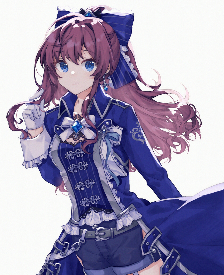 1girl bangs belt blue_bow blue_dress blue_eyes bow bowtie brown_hair collar dress earrings eyebrows_visible_through_hair frilled_cuffs gloves gocoli hair_bow highres ichinose_shiki idolmaster idolmaster_cinderella_girls idolmaster_cinderella_girls_starlight_stage jewelry long_hair looking_at_viewer shorts simple_background solo white_background white_gloves