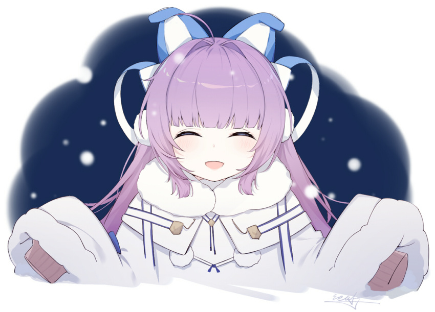 1girl :d ^_^ ahoge animal_ears azur_lane bangs black_background blush closed_eyes coat commentary_request earmuffs fake_animal_ears fur-trimmed_coat fur-trimmed_sleeves fur_trim hair_intakes hair_ornament hand_up ieufg long_hair long_sleeves open_mouth purple_hair sidelocks signature sleeves_past_fingers sleeves_past_wrists smile snow solo tashkent_(azur_lane) upper_body very_long_hair very_long_sleeves white_coat winter_clothes