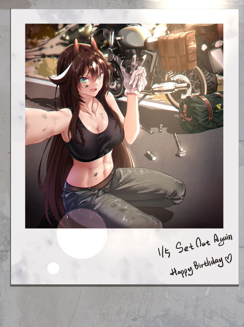 1girl :d absurdres animal_ears arknights bag bangs bare_arms bare_shoulders black_hair black_tank_top chinese_commentary commentary_request crop_top dirty_face gloves green_eyes grey_pants ground_vehicle hair_between_eyes hand_up highres horse_ears long_hair looking_at_viewer meteor_(arknights) midriff motor_vehicle motorcycle multicolored_hair navel open_mouth pants photo_(object) seiza shadow shijie_jianfa sitting smile solo stomach streaked_hair tank_top thighs very_long_hair w white_gloves white_hair