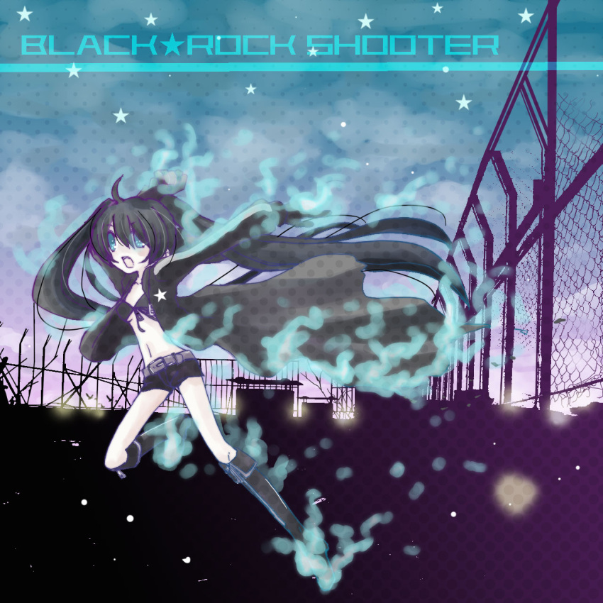 bangs belt bikini_top black_hair black_rock_shooter black_rock_shooter_(character) blue_eyes boots chainlink_fence coat fence flat_chest front-tie_top gloves glowing glowing_eyes green_eyes highres hood hooded_jacket jacket knee_boots long_hair midriff navel nishikawa_rina pale_skin short_shorts shorts solo star twintails uneven_twintails very_long_hair zipper