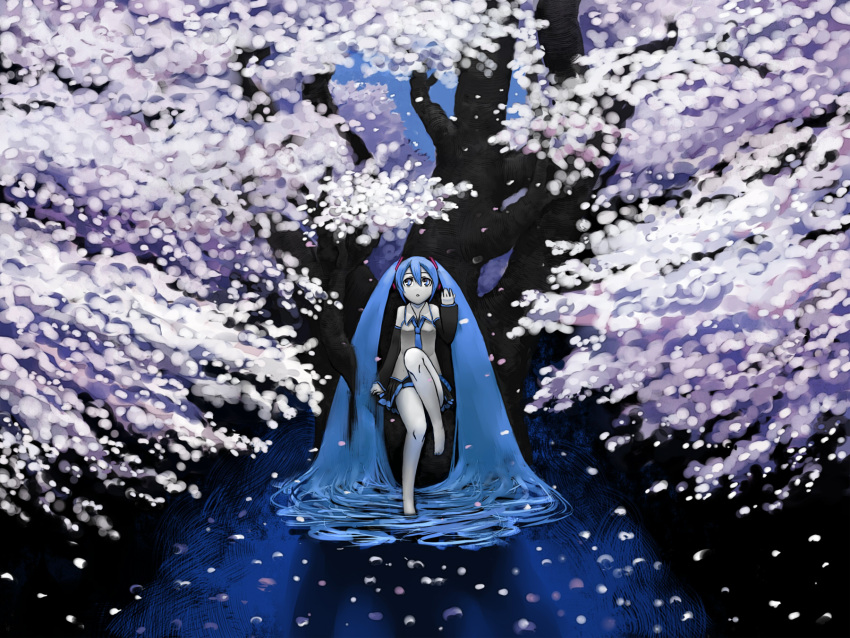 blue_eyes blue_hair cherry_blossoms hatsune_miku highres kawazu long_hair nature necktie petals scenery tree trees twintails vocaloid