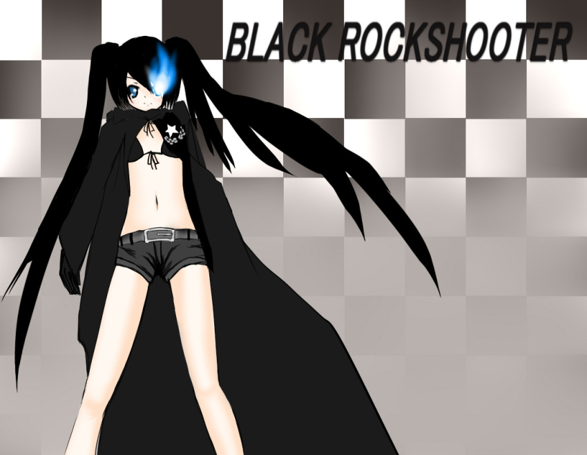 belt bikini_top black_hair black_rock_shooter black_rock_shooter_(character) blue_eyes boots checkered coat flat_chest front-tie_top fukahire gloves glowing glowing_eyes hatsune_miku hood hooded_jacket jacket knee_boots long_hair midriff navel short_shorts shorts solo star twintails uneven_twintails very_long_hair vocaloid