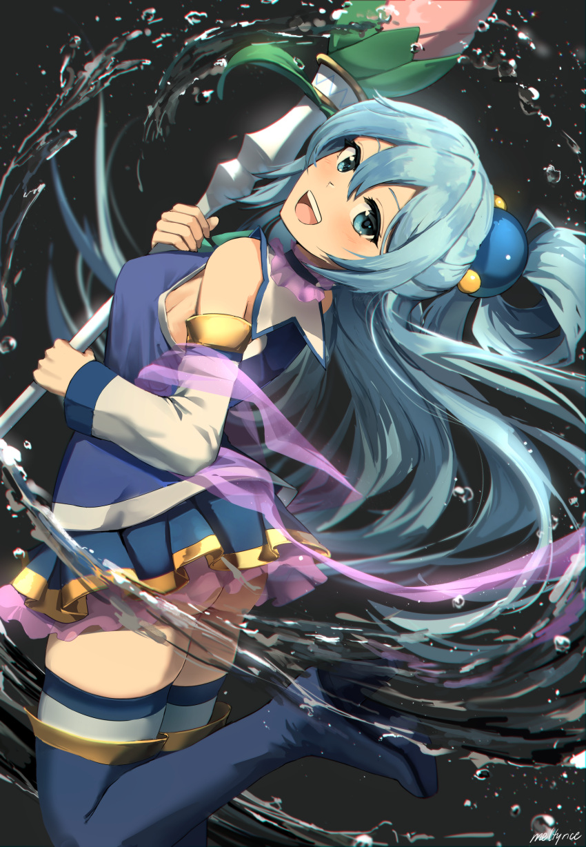 1girl :d absurdres aqua_(konosuba) ass bangs bare_shoulders blue_eyes blue_hair blue_shirt blue_skirt boots choker detached_sleeves from_side grey_background hair_ornament hair_rings high_heel_boots high_heels highres holding holding_staff kono_subarashii_sekai_ni_shukufuku_wo! long_hair looking_at_viewer looking_back meltyrice no_panties open_mouth see-through shirt simple_background skindentation skirt smile solo spell staff teeth thigh-highs thigh_boots thighhighs_under_boots thighs upper_teeth water white_sleeves