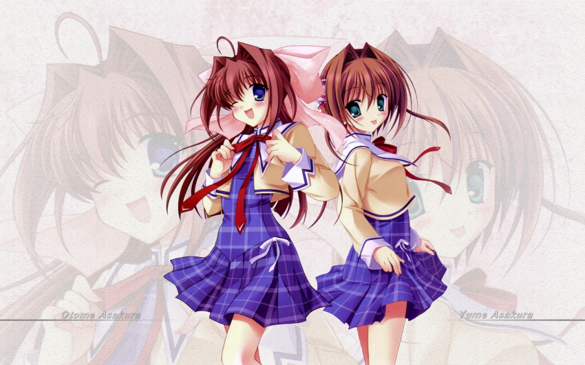 1920x1200 asakura_otome asakura_yume back-to-back back_to_back blue_eyes brown_hair da_capo_ii highres school_uniform wallpaper wink