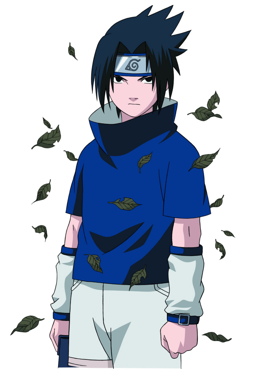 black_hair detached_sleeves forehead_protector highres konohagakure_symbol leaf leaves male male_only naruto short_hair uchiha_sasuke