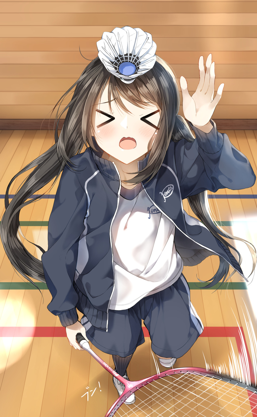 &gt;_&lt; 1girl absurdres arm_up badminton_racket bangs black_hair black_jacket black_legwear black_shorts blush closed_eyes eyebrows_visible_through_hair facing_viewer full_body gym_shirt gym_shorts gym_uniform highres holding indoors jacket kneehighs long_hair long_sleeves open_clothes open_jacket open_mouth original pentagon_(railgun_ky1206) racket shirt shoes shorts shuttlecock sneakers solo speed_lines standing standing_on_one_leg track_jacket twintails very_long_hair wavy_mouth white_footwear white_shirt xo