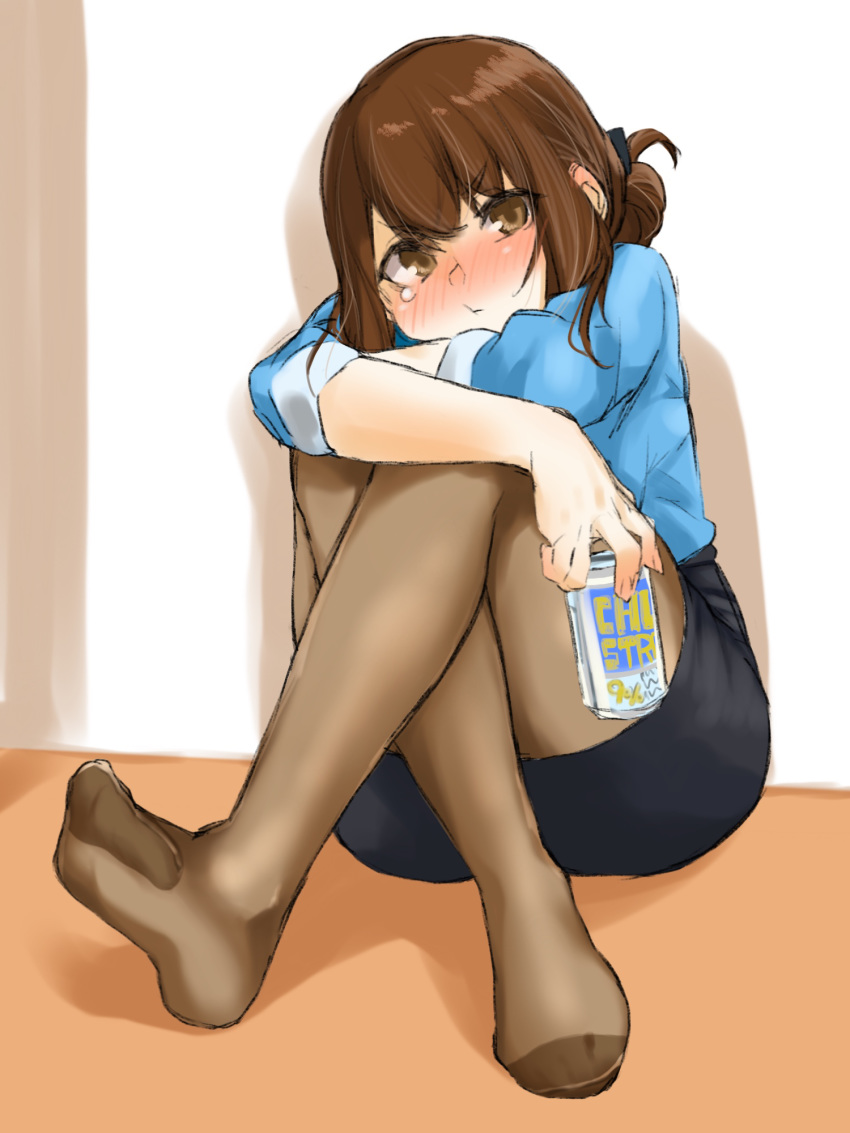 1girl beer_can blush borrowed_character brown_eyes brown_hair can crossed_legs eyebrows_visible_through_hair fukuinu highres holding legs_up no_shoes office_lady office_lady_(yomu_(sgt_epper)) original pantyhose pout simple_background sitting solo
