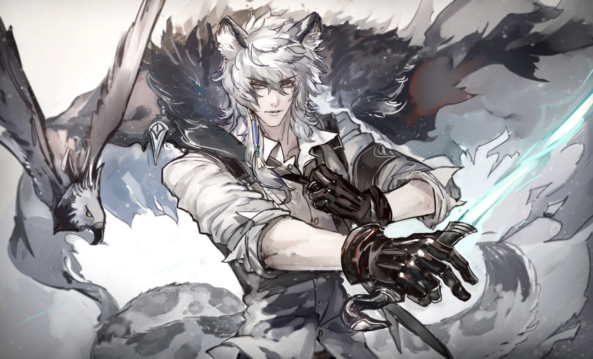 1boy animal_ears arknights bangs bird black_neckwear brown_eyes cape cape_billowing collarbone collared_shirt eyebrows_visible_through_hair fur_trim gloves hair_between_eyes hawk holding holding_sword holding_weapon leopard_ears leopard_tail looking_at_viewer loose_necktie male_focus medium_hair necktie parted_lips ryuuzaki_ichi shirt silver_hair silverash_(arknights) sleeves_folded_up sword sword_cane tail tenzin_(arknights) upper_body v-shaped_eyebrows weapon