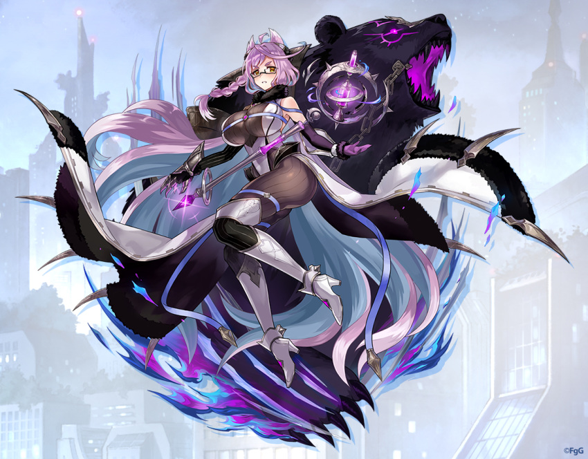 1girl ahoge animal animal_ears armpits bare_shoulders bear boots braid breasts chain company_name detached_sleeves fur_collar gauntlets glasses gloves glowing glowing_weapon huge_breasts leotard long_hair looking_at_viewer lost_ragnarok_(phantom_of_the_kill) official_art phantom_of_the_kill purple_hair ribbon serious shadow single_gauntlet single_glove skindentation staff thigh-highs thigh_boots vanargand_(phantom_of_the_kill) very_long_hair waist_cape weapon yellow_eyes