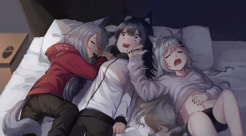 3girls ahoge animal_ear_fluff animal_ears arknights bangs bed black_hair black_nails black_pants brown_eyes closed_eyes commentary constricted_pupils eyebrows_visible_through_hair feet_out_of_frame grey_shirt hair_between_eyes hair_ornament hairclip highres hood hooded_jacket indoors jacket lappland_(arknights) long_sleeves lying midriff multiple_girls nail_polish navel on_back on_side pants pillow projekt_red_(arknights) red_jacket shirt short_hair silver_hair sleeping smile stomach symbol_commentary tail tears texas_(arknights) turtleneck turtleneck_jacket white_jacket wolf_ears wolf_tail yatsucchie