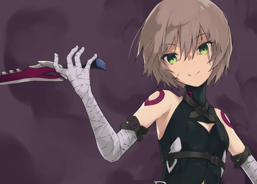 1girl bandaged_arm bandages bangs bare_shoulders dagger eyebrows_visible_through_hair facial_scar fate/apocrypha fate/grand_order fate_(series) flat_chest gloves green_eyes grey_hair hair_between_eyes holding holding_dagger holding_weapon jack_the_ripper_(fate/apocrypha) looking_at_viewer scar scar_across_eye short_hair smile solo tattoo upper_body weapon