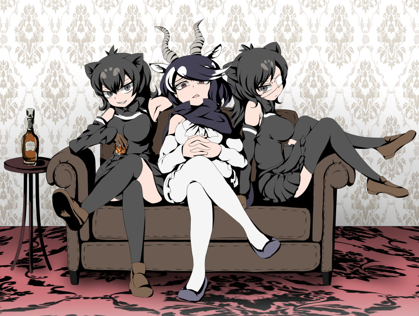 3girls absurdres alcohol animal_ears annoyed antelope_ears antelope_horns apron arm_support armpits australian_devil_(kemono_friends) bangs bare_shoulders batten_japari_dan black_apron black_cape black_hair black_legwear blackbuck_(kemono_friends) bottle bow bowtie brown_eyes cape couch crossed_legs cup detached_sleeves drink drinking_glass eyepatch full_body furrowed_eyebrows gloves grey_eyes grey_hair grin hair_between_eyes highres horns indoors kemono_friends kemono_friends_3 leaning_back long_hair looking_at_viewer medical_eyepatch medium_hair miniskirt multicolored_hair multiple_girls on_couch open_mouth own_hands_together pantyhose shimosami shirt shoes sitting skirt sleeveless sleeveless_shirt smile swept_bangs tasmanian_devil_(kemono_friends) tasmanian_devil_ears thigh-highs two-tone_hair v-shaped_eyebrows waist_apron white_hair white_legwear zettai_ryouiki