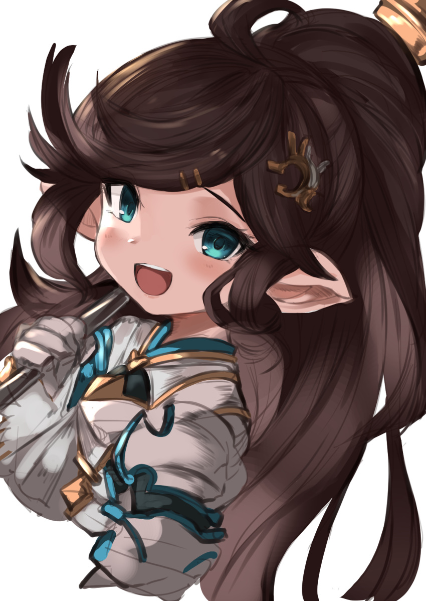 1girl ahoge blue_eyes brown_hair granblue_fantasy harvin highres maou_(maoudaisukiya) over_shoulder pointy_ears polaris_(granblue_fantasy) ponytail weapon weapon_over_shoulder white_background