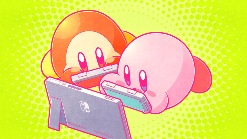 2boys absurdres blue_eyes blush_stickers green_background highres kirby kirby_(series) much@n multiple_boys nintendo_switch no_humans playing_games smile waddle_dee |_|