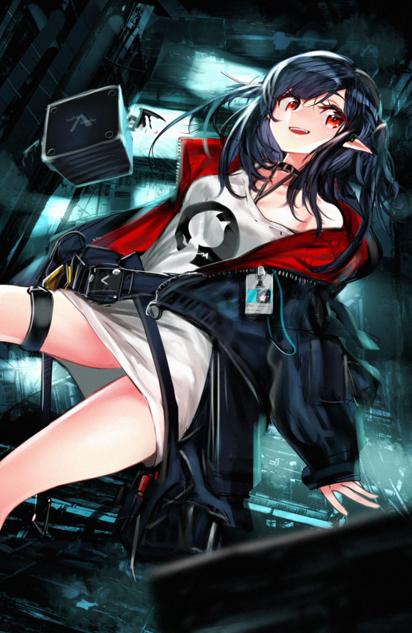 1girl :d arknights bangs bare_shoulders black_choker black_hair black_jacket breasts chinese_commentary choker closure_(arknights) commentary_request highres indoors jacket jellsuimu long_hair long_sleeves looking_at_viewer no_pants off-shoulder_shirt off_shoulder open_clothes open_jacket open_mouth pointy_ears red_eyes shirt small_breasts smile solo t-shirt thigh_strap thighs white_shirt
