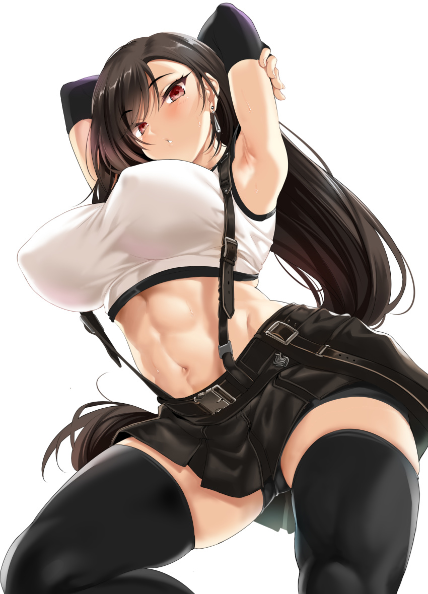1girl abs absurdres armpits arms_behind_head arms_up bangs bare_shoulders belt black_gloves black_hair black_legwear black_skirt blush breasts earrings elbow_gloves fantia_reward final_fantasy final_fantasy_vii final_fantasy_vii_remake fingerless_gloves gloves highres jewelry kure_masahiro large_breasts long_hair looking_at_viewer low-tied_long_hair navel paid_reward parted_lips red_eyes shirt simple_background skirt solo suspender_skirt suspenders swept_bangs tank_top taut_clothes taut_shirt thigh-highs thighs tifa_lockhart white_background white_tank_top