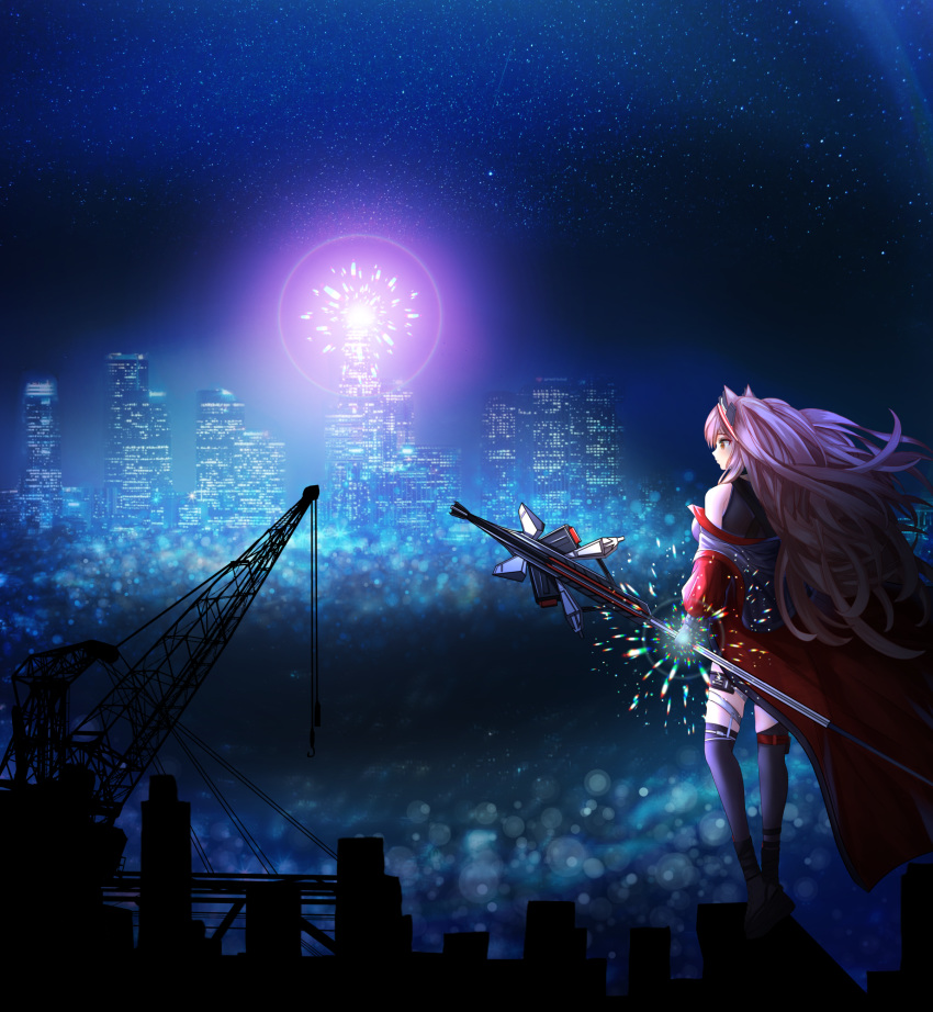 1girl angelina_(arknights) arknights back bangs blush boots brown_eyes brown_hair city cityscape coat dark darkness glowing hairband highres light light_particles long_hair moonlight night night_sky red_hairband rino_rea sky solo star_(sky) striped striped_hairband thigh-highs