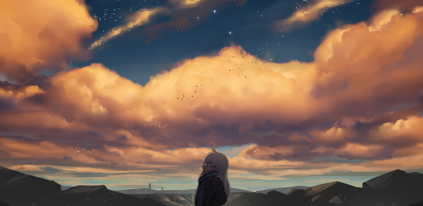 1girl blue_scarf brown_coat closed_mouth clouds cloudy_sky coat expressionless eyebrows_visible_through_hair from_side highres long_hair looking_away monosenbei original outdoors scarf scenery sky solo sunset white_hair