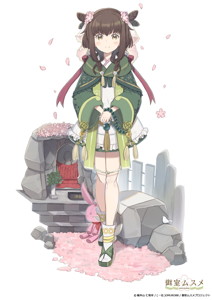 1girl bangs bell blush braid brown_eyes brown_hair character_request closed_mouth commentary_request eyebrows_behind_hair flower frills full_body green_capelet green_footwear hair_bell hair_between_eyes hair_flower hair_ornament hair_over_shoulder highres jingle_bell long_sleeves looking_at_viewer official_art omuro_musume petals pink_flower red_ribbon ribbon smile socks solo stairs standing stone_stairs stuffed_animal stuffed_bunny stuffed_toy totatokeke twin_braids watermark white_background white_legwear wide_sleeves