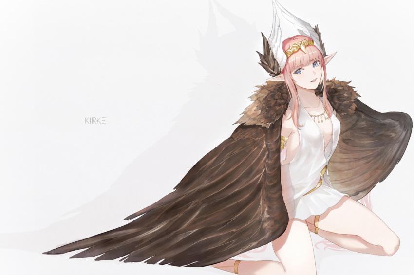 1girl :d bangs blue_eyes breasts circe_(fate/grand_order) commentary_request dress eyebrows_visible_through_hair fate/grand_order fate_(series) headwear jewelry kneeling looking_at_viewer marumoru necklace open_mouth pointy_ears short_hair_with_long_locks smile solo teeth white_dress wings