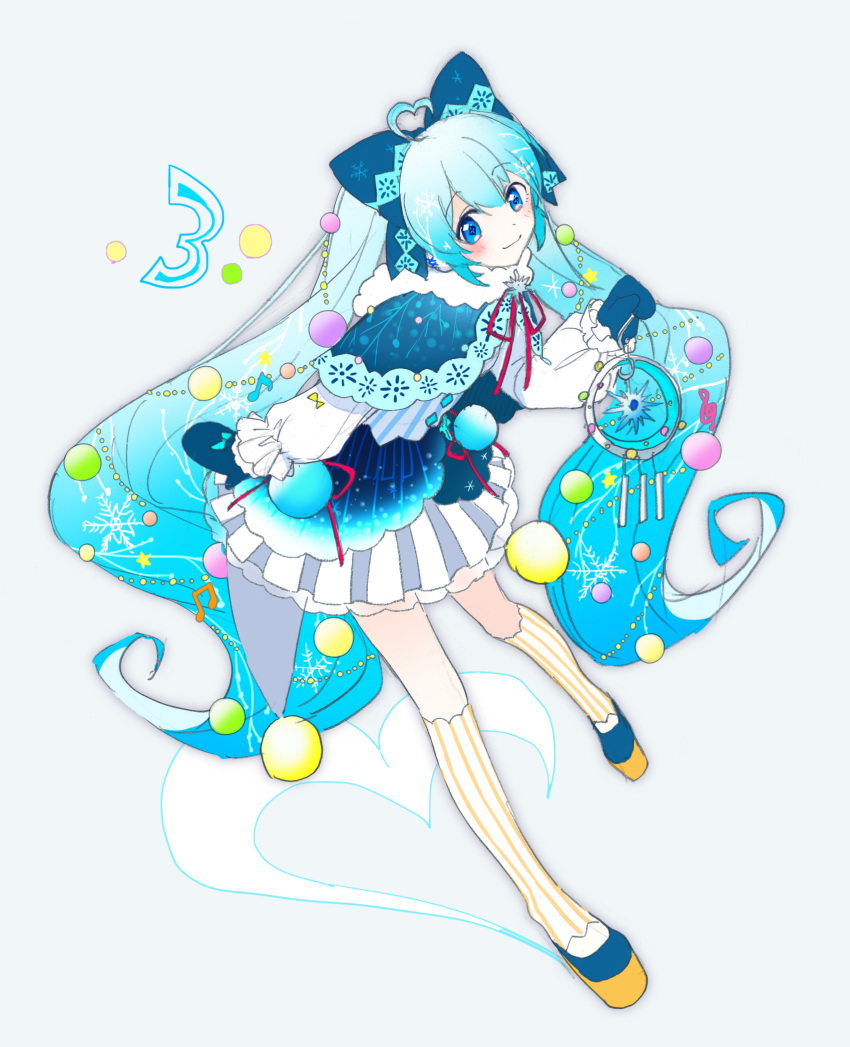 1girl agonasubi ahoge blue_bow blue_capelet blue_eyes blue_hair blue_mittens bow capelet chimes commentary earmuffs full_body fur-trimmed_capelet fur_trim hair_bow hair_ornament hatsune_miku heart_ahoge highres holding holding_instrument instrument kneehighs leaning_forward long_hair looking_at_viewer mittens pleated_skirt skirt smile snowflake_print solo star striped striped_legwear twintails very_long_hair vocaloid yuki_miku