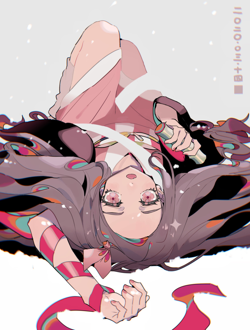 1girl :o absurdres arm_above_head arm_ribbon arm_up bamboo bit_gag brown_hair dated gag gag_removed hair_ribbon haori head_tilt highres holding japanese_clothes kamado_nezuko kimetsu_no_yaiba kimono knees_up long_hair looking_at_viewer lying obi on_back on_ground pink_eyes pink_kimono pink_nails pink_ribbon ribbon sash snow solo symbol_commentary taowu_(20809) very_long_hair