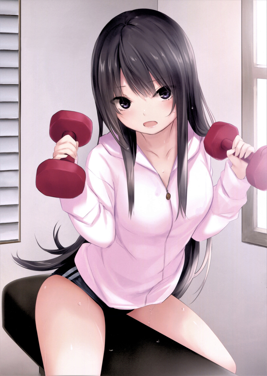 1girl absurdres arms_up black_hair blue_buruma buruma coffee-kizoku dumbbell exercise gym_uniform highres jacket long_hair open_mouth original scan shiramine_rika sitting solo straddling sweat thighs violet_eyes weightlifting white_jacket window