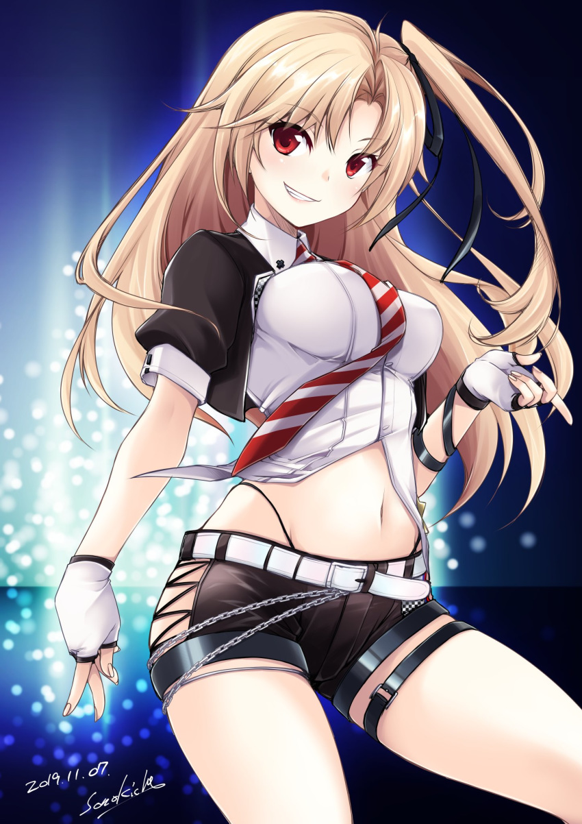 1girl azur_lane bangs black_ribbon black_shorts blonde_hair breasts buttons cleveland_(azur_lane) cleveland_(muse)_(azur_lane) collared_shirt commentary_request dated fingerless_gloves gloves grin hair_ribbon highres long_hair looking_at_viewer medium_breasts midriff navel necktie one_side_up parted_bangs red_eyes red_neckwear ribbon shirt short_shorts short_sleeves shorts shrug_(clothing) signature smile solo sono_kichi standing striped striped_neckwear teeth thong_panties white_gloves white_neckwear white_shirt