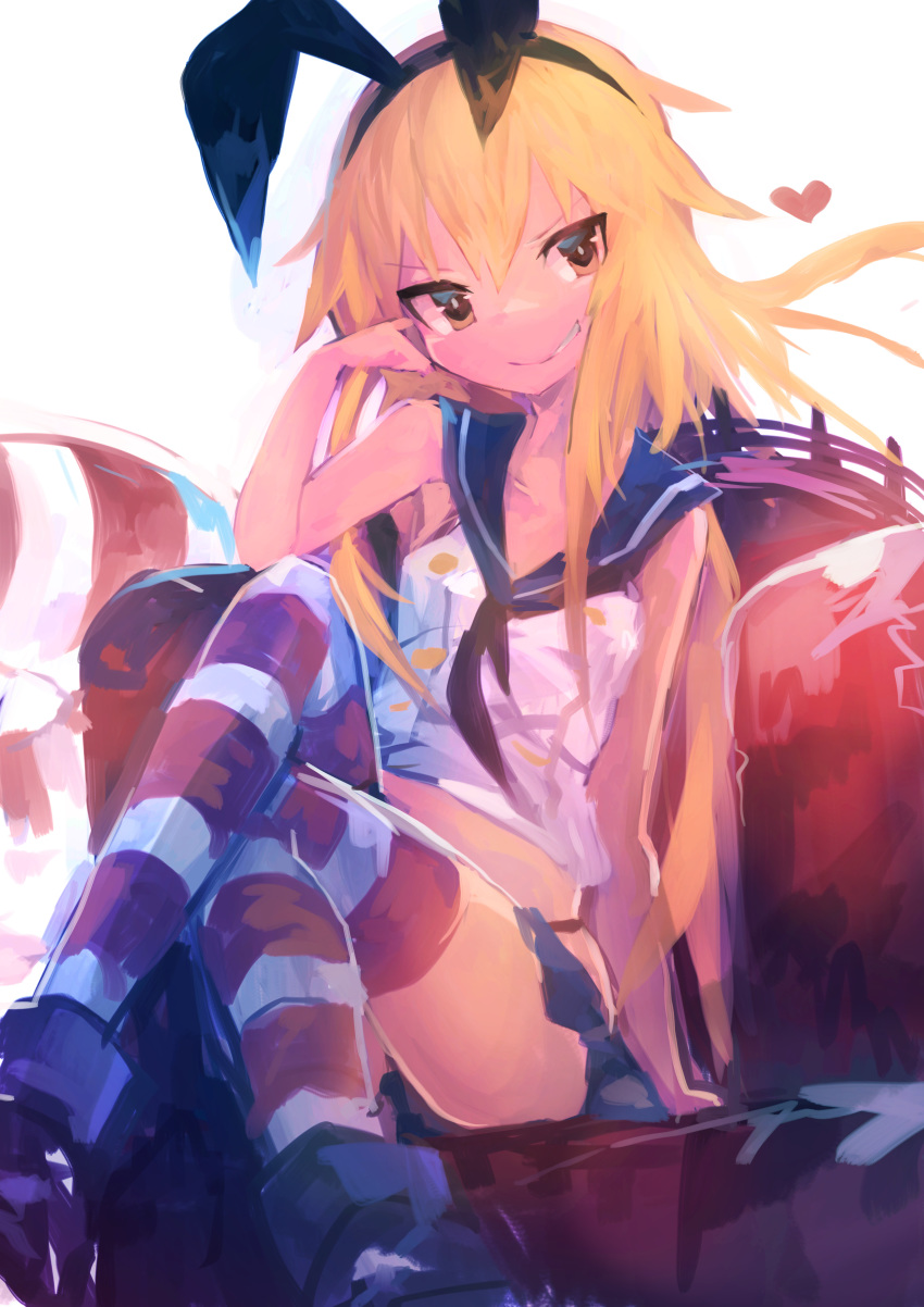 1girl absurdres animal_ears blonde_hair buoy commentary_request crossed_legs hand_on_own_face heart highres kaamin_(mariarose753) kantai_collection looking_at_viewer multicolored multicolored_clothes multicolored_legwear rabbit_ears school_uniform serafuku shimakaze_(kantai_collection) sitting skirt smile thigh-highs yellow_eyes