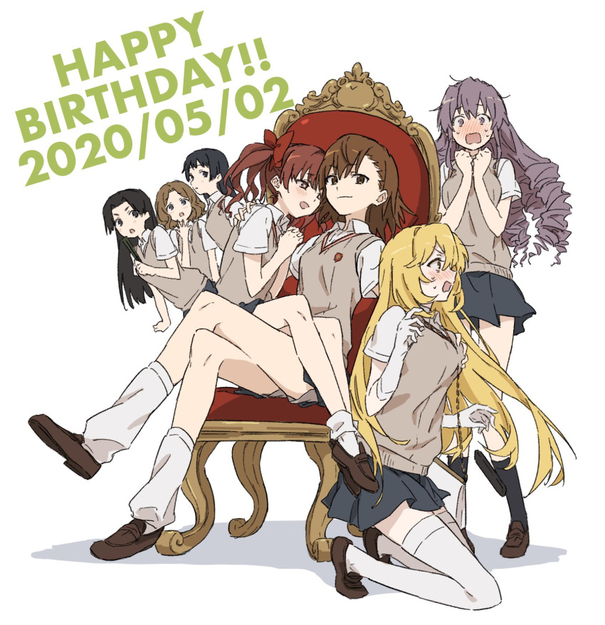 6+girls :d :o arm_around_shoulder assertive awatsuki_maaya bad_id bad_twitter_id bag bangs black_eyes black_hair black_skirt blonde_hair blush bob_cut breast_grab brown_eyes brown_footwear brown_hair chair clenched_hand commentary crossed_legs drill_hair fan folding_fan full-face_blush full_body gekota grabbing groping hair_strand hand_on_another's_head hand_to_own_mouth hand_up handbag hands_clasped hands_on_own_chest hands_together heart heart-shaped_pupils highres hokaze_junko holding holding_bag holding_fan kneeling kongou_mitsuko light_smile loafers long_hair loose_socks messy_hair misaka_mikoto multiple_girls open_mouth own_hands_together parted_bangs pleated_skirt purple_hair raised_eyebrows sanpaku school_uniform shadow shirai_kuroko shoes shokuhou_misaki short_hair simple_background sitting sitting_on_lap sitting_on_person skirt smile smug sparkling_eyes standing surprised sweatdrop swept_bangs symbol-shaped_pupils teruya_(6w6y) thigh-highs throne to_aru_kagaku_no_railgun to_aru_majutsu_no_index tokiwadai_school_uniform twintails wannai_kinuho white_background white_legwear yellow_eyes zettai_ryouiki