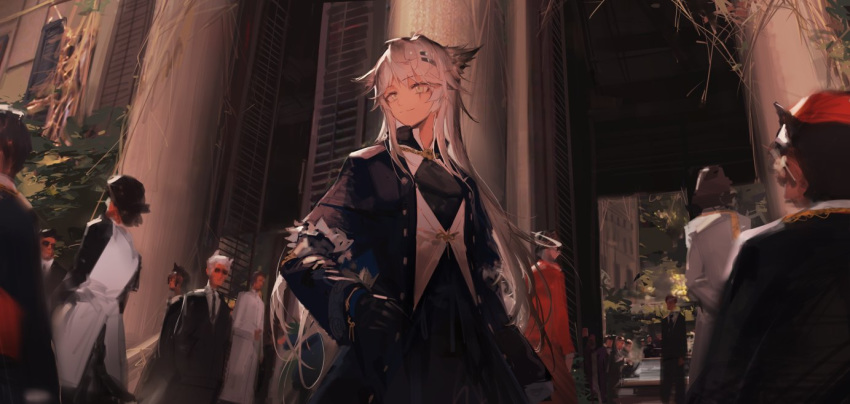 1girl animal_ears arknights bangs black_coat black_dress coat commentary crowd dress grey_eyes hair_ornament hairclip huanxiang_heitu lappland_(arknights) long_hair long_sleeves scar scar_across_eye shirt silver_hair smile upper_body very_long_hair white_shirt wolf_ears