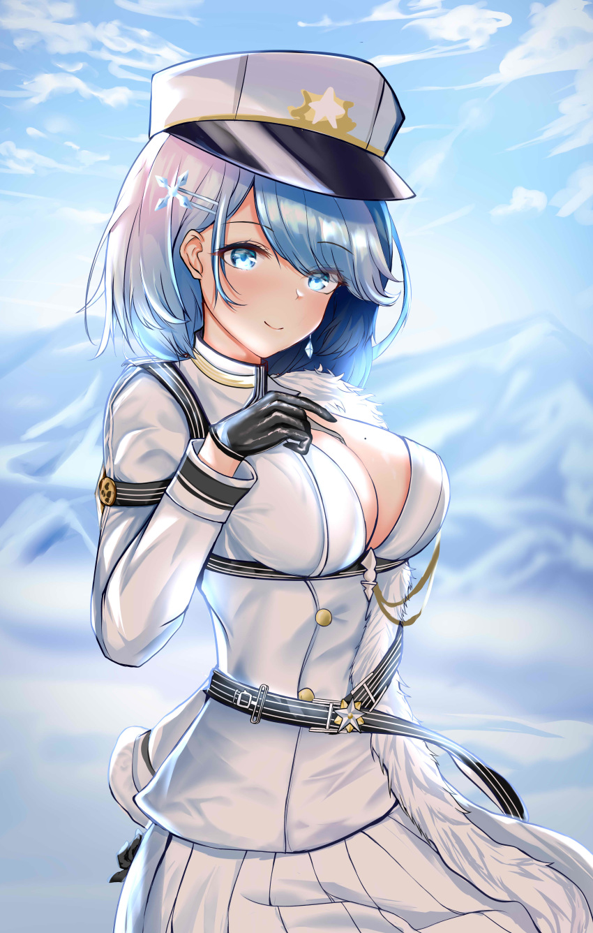 1girl absurdres azur_lane black_gloves blue_eyes blue_hair blue_sky blush breasts chain chapayev_(azur_lane) closed_mouth clouds eyebrows_visible_through_hair gloves hair_ornament hairclip hat highres jacket kulayueyue large_breasts looking_at_viewer military_hat mole mole_on_breast mountain peaked_cap short_hair sky smile snow solo white_headwear white_jacket