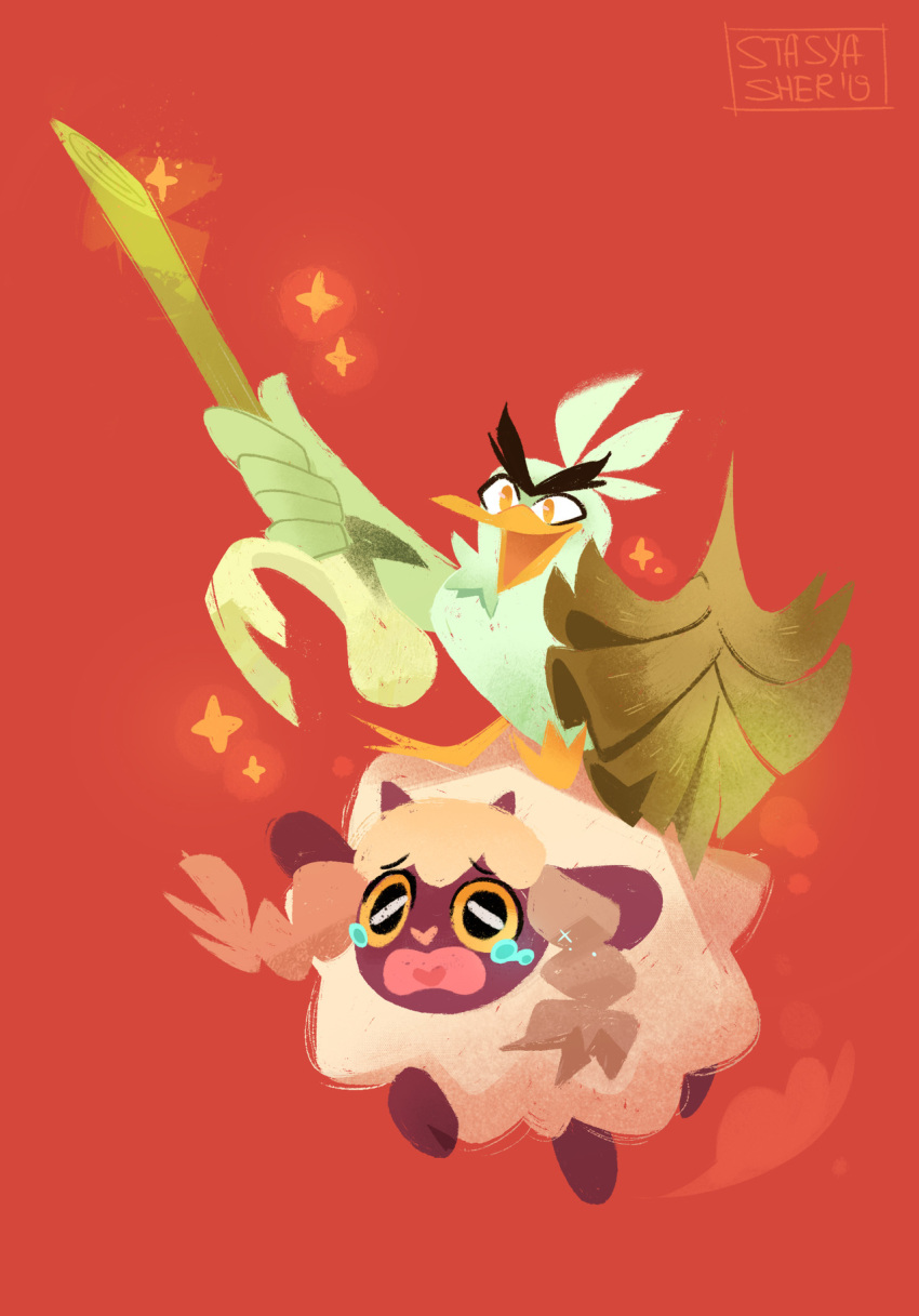bird commentary creature english_commentary full_body gen_8_pokemon highres open_mouth pokemon pokemon_(creature) red_background riding riding_pokemon shield signature simple_background sirfetch'd stasya-sher tears wooloo