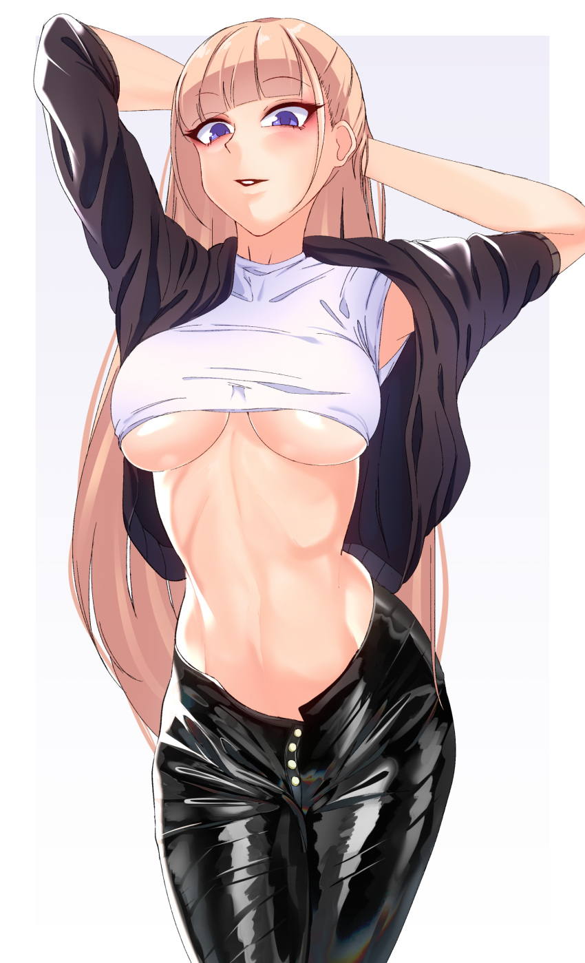 1girl absurdres armpits arms_behind_head bangs blonde_hair blunt_bangs breasts commentary_request eyebrows_visible_through_hair eyelashes highres leggings long_hair looking_at_viewer original parted_lips solo under_boob volyz