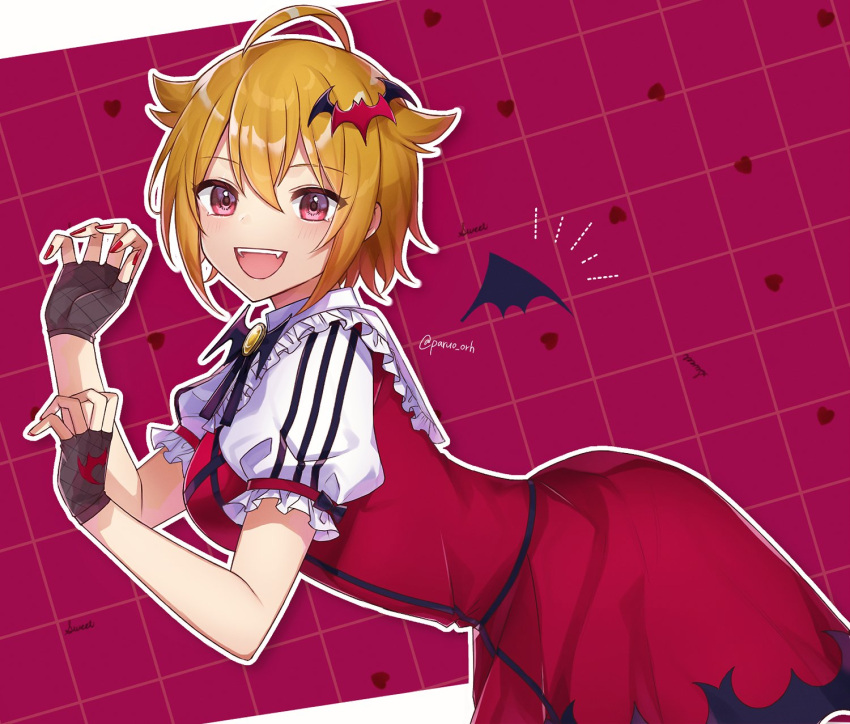 1girl :d ahoge bat_hair_ornament bat_wings blonde_hair checkered checkered_background dress eyebrows_visible_through_hair fangs fingerless_gloves gloves hair_ornament highres ibuki_tsubasa idol idolmaster idolmaster_million_live! idolmaster_million_live!_theater_days looking_at_viewer looking_to_the_side nail_polish paruo_orh paw_pose puffy_short_sleeves puffy_sleeves red_dress red_eyes short_hair short_sleeves smile solo wing_print wings