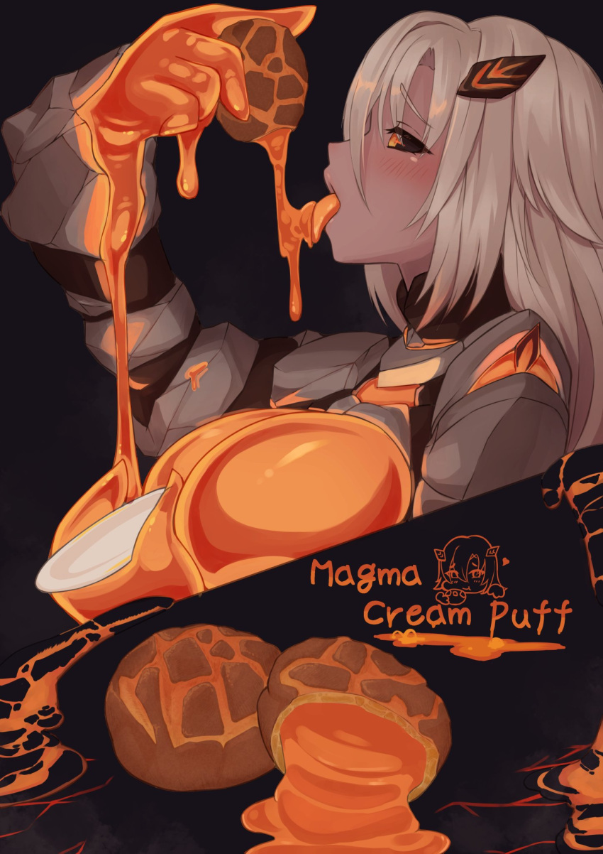 1girl bell_orgel black_sclera blush breasts colored_sclera cream_puff food from_side grey_hair heart highres holding holding_food large_breasts lava_golem_(monster_girl_encyclopedia) licking long_hair molten_rock monster_girl monster_girl_encyclopedia orange_eyes sexually_suggestive solo tongue tongue_out