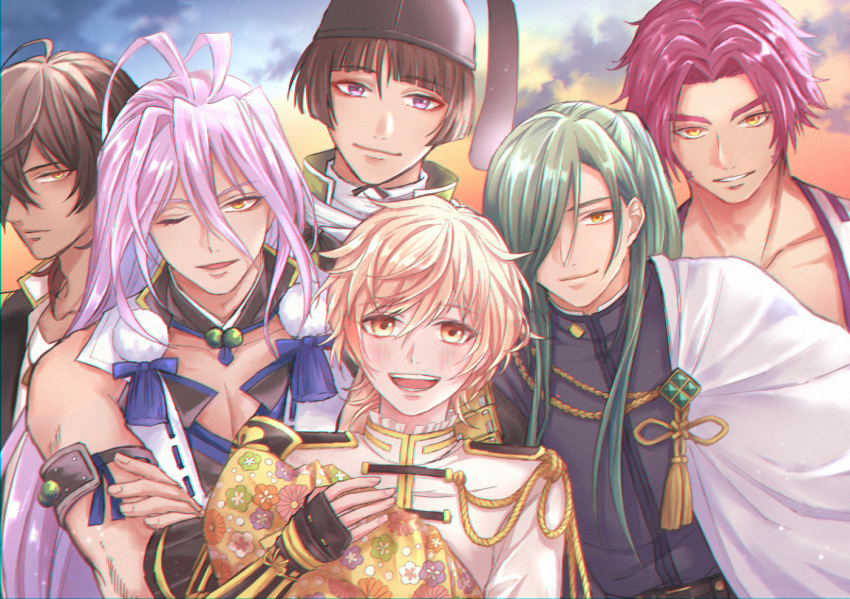 6+boys antenna_hair blonde_hair brown_hair cape clouds dark_skin dark_skinned_male green_hair hair_over_one_eye hat ishikirimaru japanese_clothes male_focus monoyoshi_sadamune multiple_boys neet_(neet-kuso) nikkari_aoe one_eye_closed ookurikara open_mouth pom_pom_(clothes) ponytail purple_hair redhead sengo_muramasa_(touken_ranbu) sky smile sunset tonbokiri_(touken_ranbu) touken_ranbu violet_eyes yellow_eyes