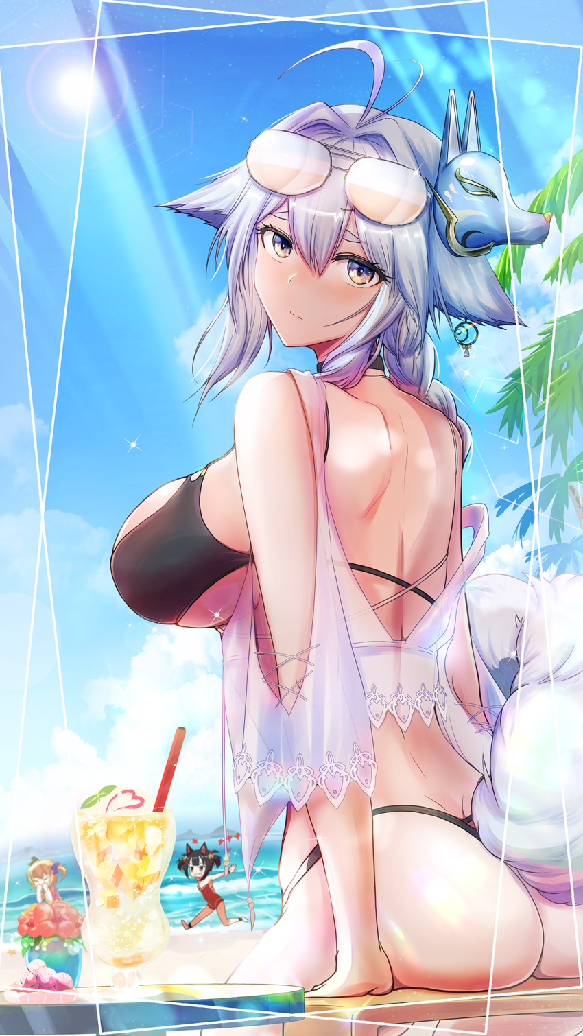 3girls akagi-chan_(azur_lane) animal_ears ass aviator_sunglasses azur_lane bare_shoulders beach bikini black_choker black_hair blue_bow blush bow breasts brown_hair choker closed_eyes competition_swimsuit criss-cross_halter day eyewear_on_head fox_mask fox_tail hair_bow hair_ornament halterneck highleg highleg_bikini highres large_breasts little_renown_(azur_lane) long_hair looking_at_viewer looking_back mask mask_on_head multiple_girls ocean one-piece_swimsuit outdoors red_swimsuit ru-ne running short_hair sky smile summer sunglasses swimsuit tail tosa_(azur_lane) tosa_(hometown_zest)_(azur_lane) tropical two-tone_bikini water