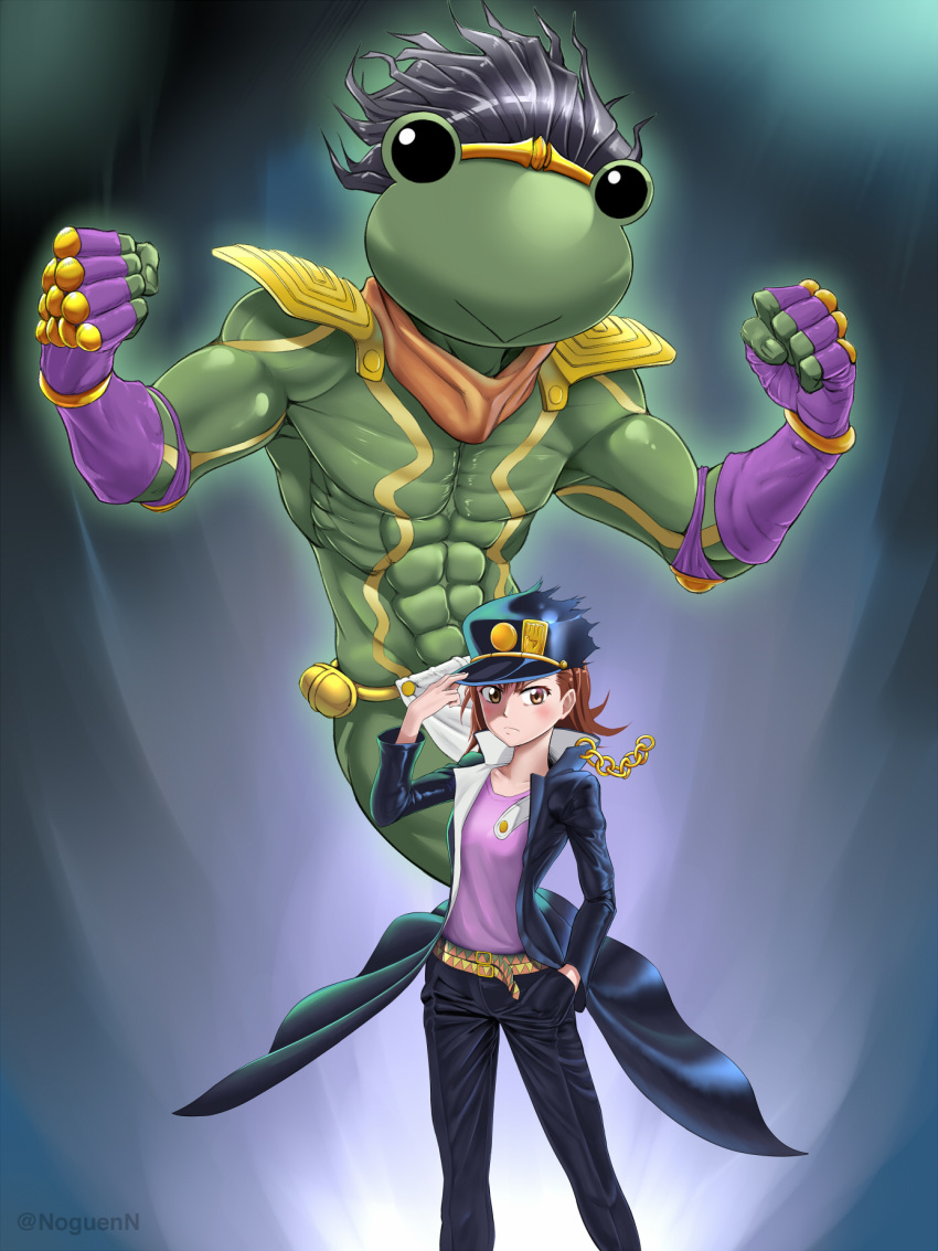 1girl blue_suit brown_eyes fabulous frog frog_hair_ornament hair_ornament hand_over_face highres jojo_no_kimyou_na_bouken jojo_pose jonathan_joestar misaka_mikoto noguen pose short_hair stand_(jojo) to_aru_kagaku_no_railgun to_aru_majutsu_no_index