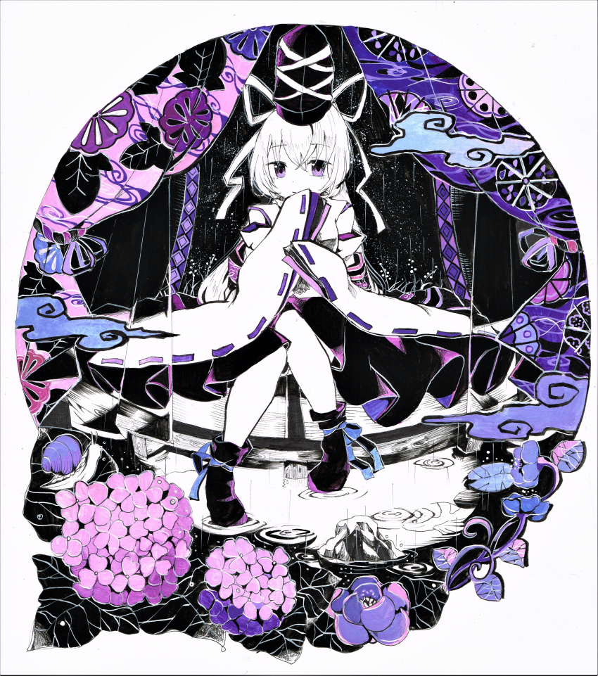 1girl absurdres acrylic_paint_(medium) boots clouds commentary_request flower footwear_ribbon full_body hat hat_ribbon highres japanese_clothes kariginu knees_together_feet_apart leaf long_sleeves looking_at_viewer monochrome mononobe_no_futo painting_(medium) puddle purple_flower purple_theme rain ribbon ribbon-trimmed_sleeves ribbon_trim ripples rock short_hair skirt sleeves_past_fingers sleeves_past_wrists solo tate_eboshi torajirou_(toraneko_zirou) touhou traditional_media wide_sleeves