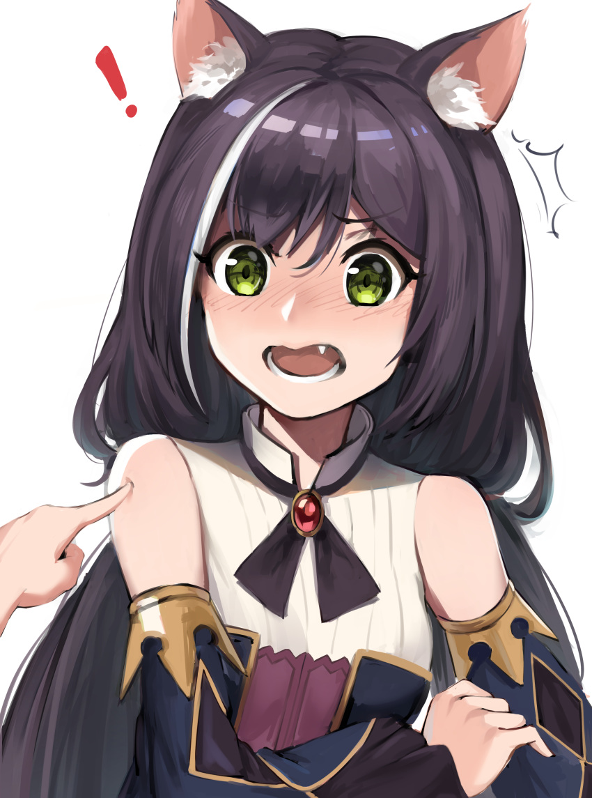 ! /\/\/\ 1girl absurdres animal_ear_fluff animal_ears bangs bare_shoulders black_hair black_sleeves blush cat_ears collared_shirt commentary_request detached_sleeves eyebrows_visible_through_hair fang green_eyes hair_between_eyes highres kitk_qun kyaru_(princess_connect) long_hair long_sleeves low_twintails multicolored_hair nose_blush open_mouth out_of_frame poking princess_connect! princess_connect!_re:dive shirt sleeveless sleeveless_shirt solo_focus streaked_hair twintails upper_body white_hair white_shirt wide_sleeves