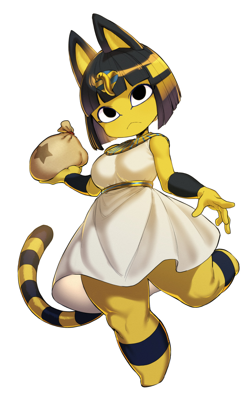 1girl :&lt; absurdres animal_ears bag bangs belt black_eyes black_hair blog blunt_bangs bob_cut breasts cat_ears cat_tail commentary_request doubutsu_no_mori dress egyptian egyptian_clothes eyeliner full_body gorget hair_ornament highres holding holding_bag leg_lift makeup nile_(doubutsu_no_mori) no_toes snake_hair_ornament solo space_jin striped_tail tail thick_thighs thighs vambraces white_dress yellow_skin