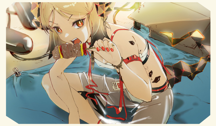 1girl absurdres arknights bikini blonde_hair eating highres ifrit_(arknights) open_mouth ore_lesion_(arknights) red_eyes red_nails see-through sitting solo swimsuit tail white_bikini