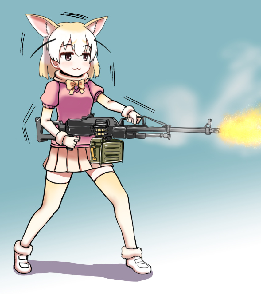 1girl :3 animal_ears blonde_hair brown_eyes extra_ears fennec_(kemono_friends) firing fox_ears fox_tail gun heavy_machine_gun highres kemono_friends machine_gun manme pleated_skirt short_sleeve_sweater skirt solo tail thigh-highs weapon yellow_legwear