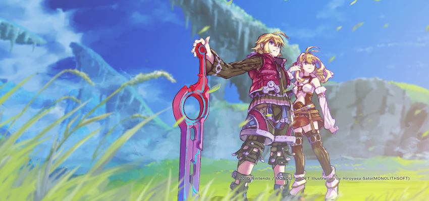 1boy 1girl artist_request blonde_hair day fiorun from_below grass highres long_hair looking_afar miniskirt monado official_art outdoors promotional_art scenery shulk skirt thigh-highs xenoblade_(series) xenoblade_1