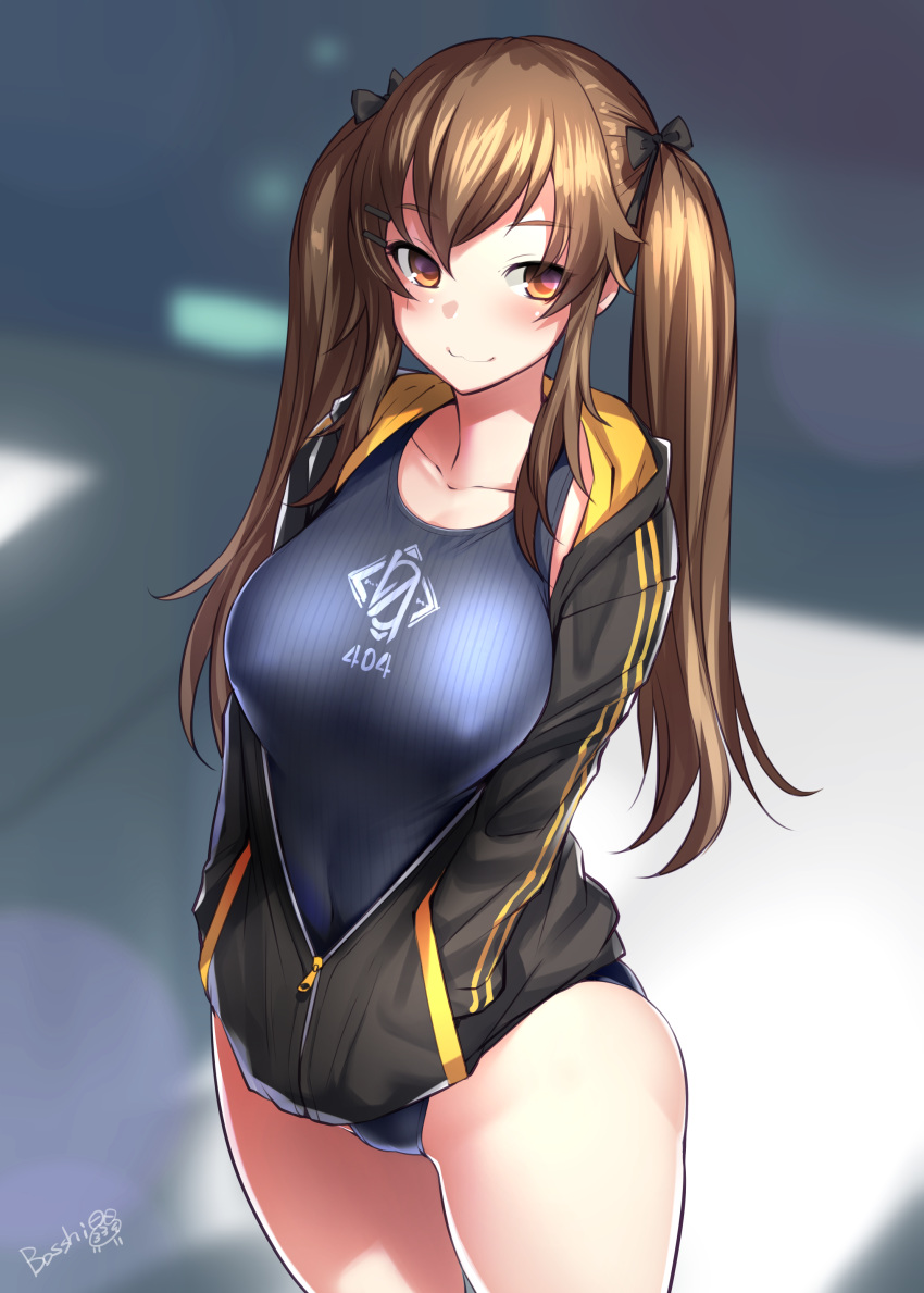 1girl 404_logo_(girls_frontline) :3 absurdres black_jacket blue_swimsuit blurry blurry_background bosshi breasts brown_eyes brown_hair closed_mouth collarbone competition_swimsuit covered_nipples cowboy_shot depth_of_field enty_reward girls_frontline grey_swimsuit hair_ornament hair_ribbon hairclip hands_in_pockets highres jacket large_breasts long_hair long_sleeves looking_at_viewer medium_breasts one-piece_swimsuit paid_reward ribbon smile solo standing swimsuit swimsuit_under_clothes twintails ump9_(girls_frontline)