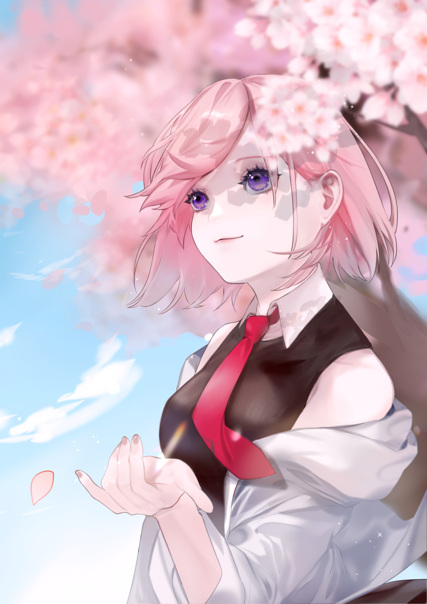 1girl absurdres bare_shoulders breasts cherry_blossoms commentary_request day fate/grand_order fate_(series) hair_over_one_eye highres jacket large_breasts looking_at_viewer mash_kyrielight necktie off-shoulder_jacket outdoors pink_nails red_neckwear short_hair smile solo tanuki_k violet_eyes white_jacket